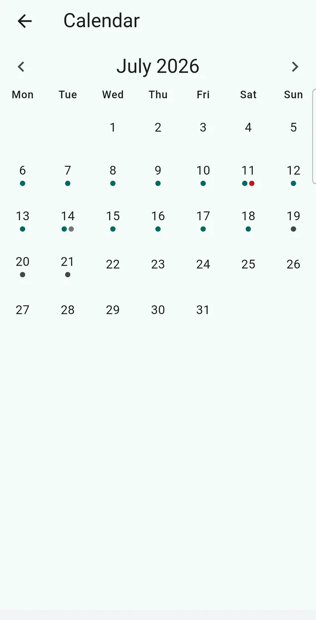 The Sonadose calendar for July 2026, with each day marked according to whether every dose was confirmed.