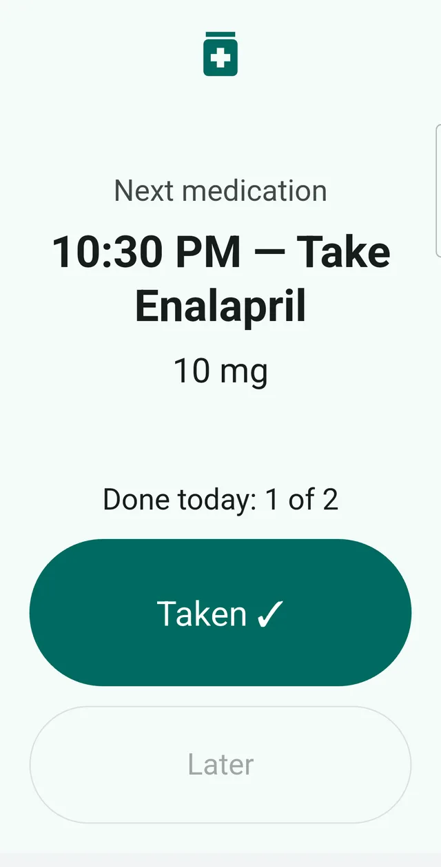 Sonadose elder mode: one medicine shown in very large text with the dose time, a photo of the package, and two full-width buttons labelled Take and Later.