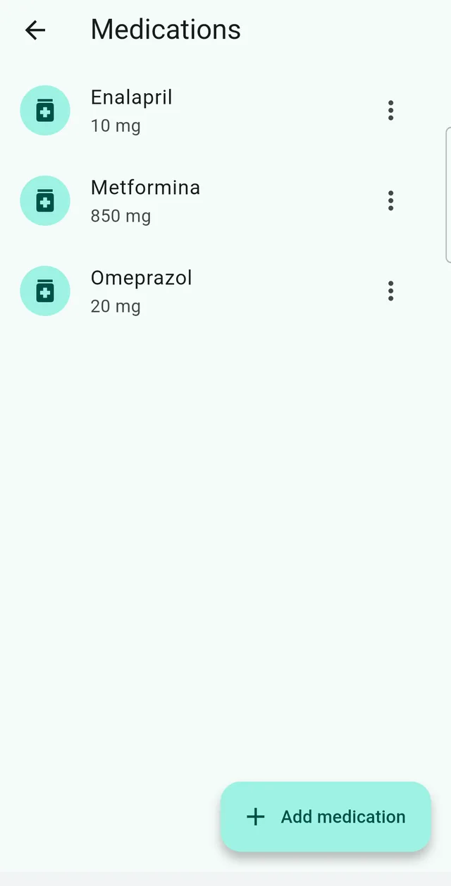 The Sonadose medications list, showing each medicine with its dose, schedule and how many pills are left in the pack.