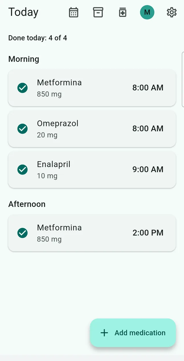 The Sonadose Today screen listing the morning and afternoon medicines with the time each one is due and a tick beside the ones already taken.