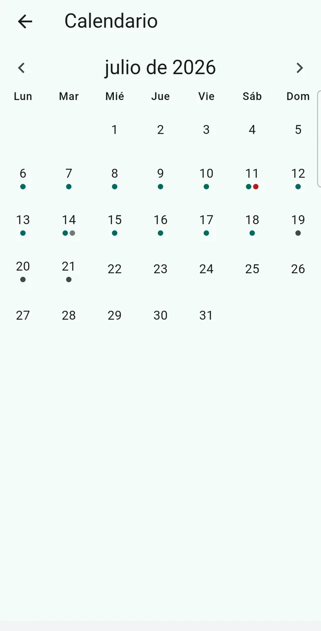 Calendario de Sonadose de julio de 2026, con cada día marcado según si se confirmaron todas las tomas.