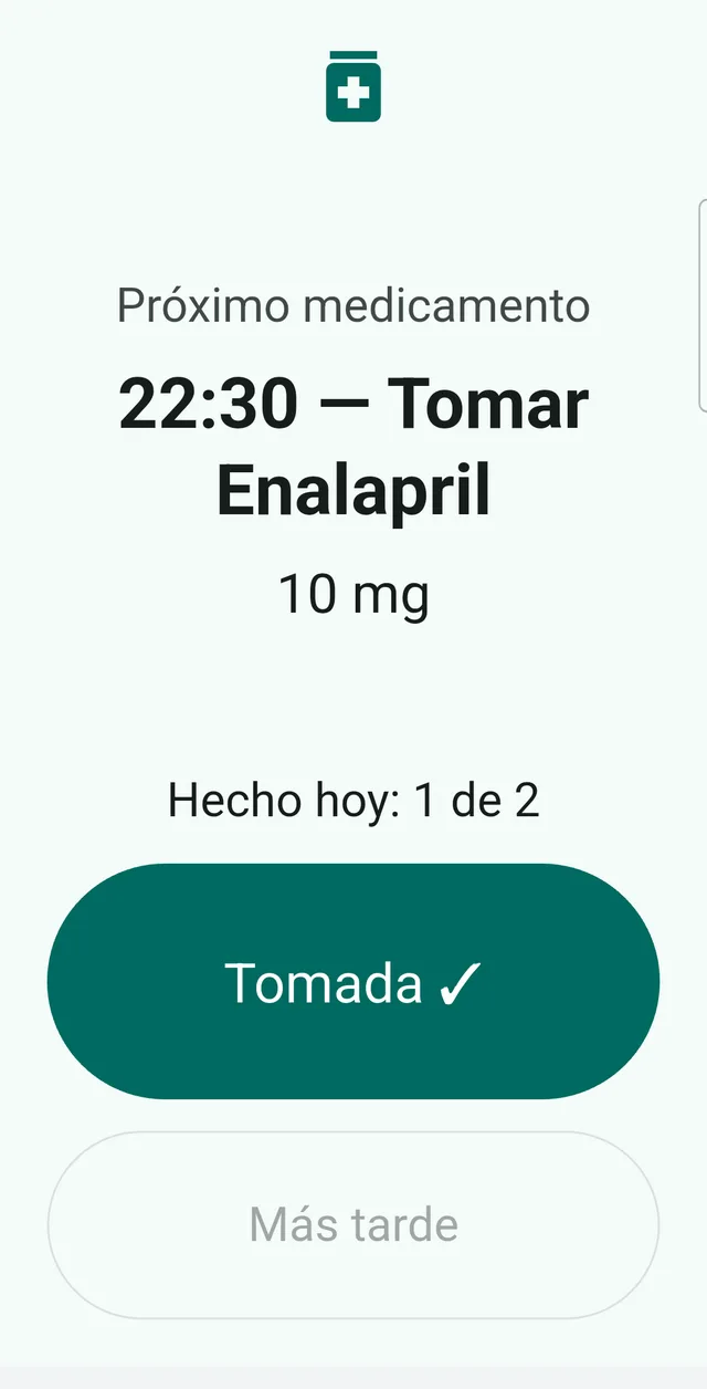 Modo sénior de Sonadose: un solo medicamento en letra muy grande con la hora de la toma, la foto del envase y dos botones a todo lo ancho, «Tomada» y «Más tarde».