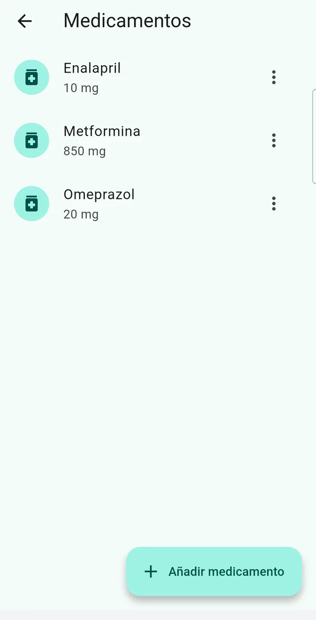 Lista de medicamentos de Sonadose, con la dosis, la pauta y las pastillas que quedan en el envase de cada uno.