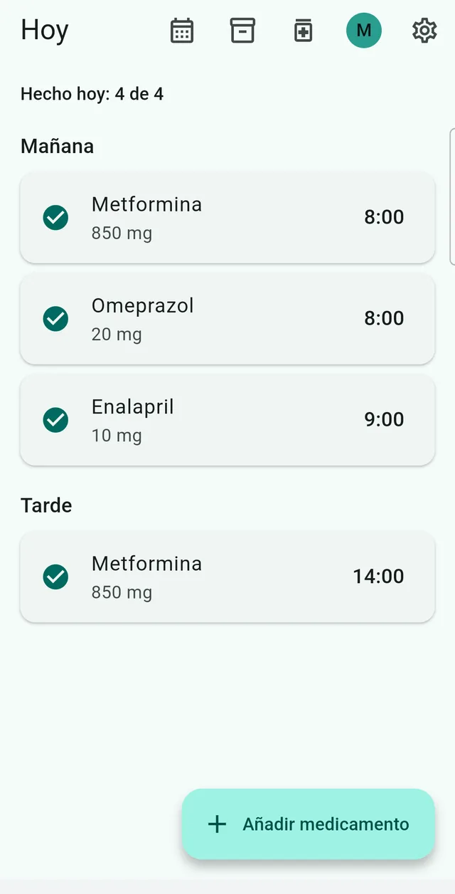 Pantalla Hoy de Sonadose con los medicamentos de la mañana y de la tarde, la hora de cada toma y una marca de verificación en las que ya se han tomado.
